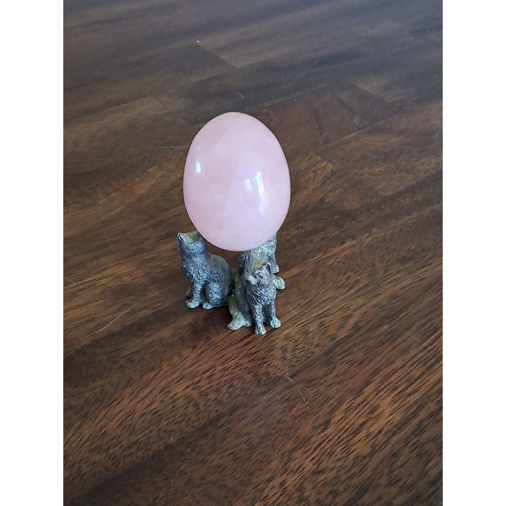 Vintage Enesco Pewter Cat Sphere Stand Holder With Rose Quartz Crystal Egg